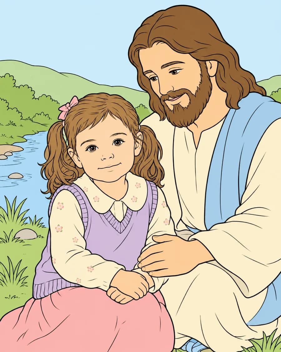 Example personalized color guide with a child and Jesus