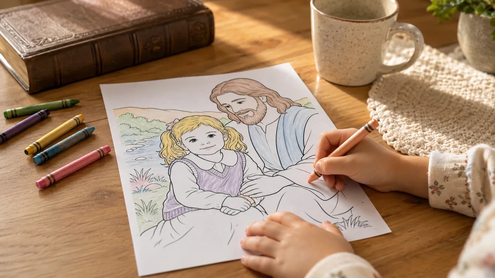 A child coloring a personalized page with Jesus at a family table