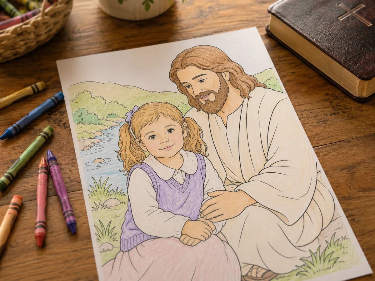 A softly colored example of a Jesus coloring page with crayons nearby