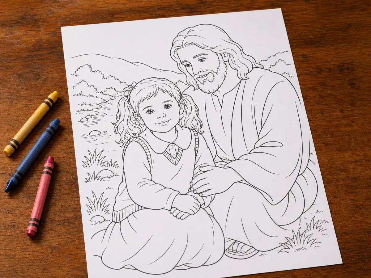 A printable line-art page showing a child beside Jesus on a wooden table